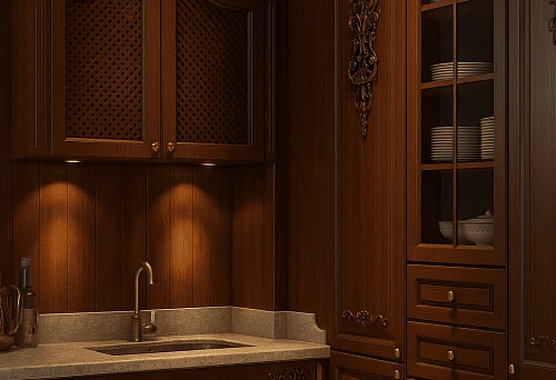 Classic kitchen set made of natural wood with carved decoration, display cases, and built-in sink
