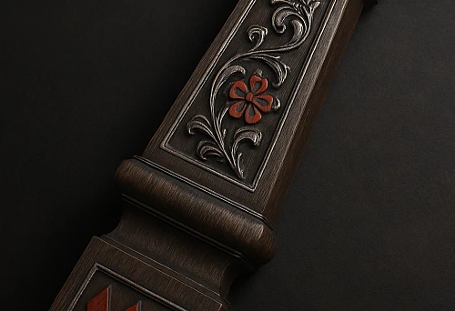 Carved furniture baluster from dark wood with floral ornament and geometric decoration in traditional style