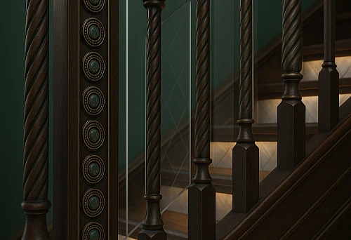 Twisted balusters made of dark wood on a staircase with lighting in a classic interior style