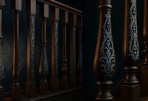 Wooden balusters with carved patterns in the interior staircase in the St. Petersburg style