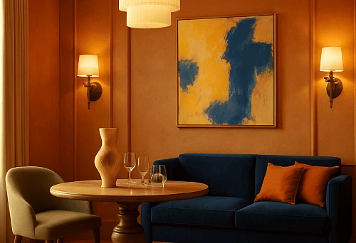 Modern Living Room 2025 with Soft Blue Sofa, Round Wooden Table, and Designer Lighting