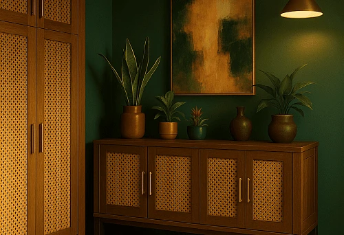 Modern interior 2025: cabinets and chests with woven fronts, green walls, plants, and abstract art
