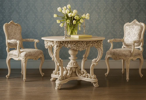 Round table made of natural wood with rich carving and classic decor, surrounded by two elegant chairs with light upholstery