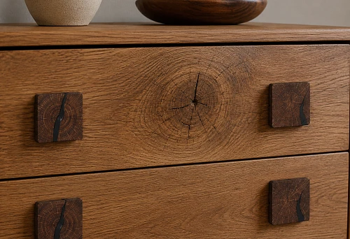 Rustic furniture handle HL-057M 100&times;100 mm on the front of an oak chest of drawers with a large natural knot