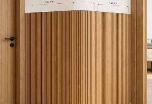 Wooden panel PAN-001 1010&times;8&times;2400 mm for a 120 mm radius corner between two architraves