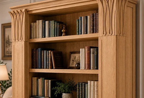 Wooden capital KL-007 on the outer corner of the bookcase