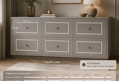 Polyurethane molding MLDPU-004 15&times;8&times;2600 mm on painted dresser fronts