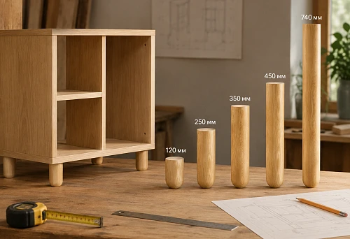 Turned furniture leg MN-234 &mdash; height selection of 120, 250, 350, 450, or 740 mm for a calculated furniture cabinet