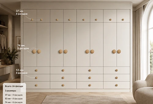 Wooden furniture knobs Button HL-036 in sizes 37, 53, and 74 mm on wardrobe facades