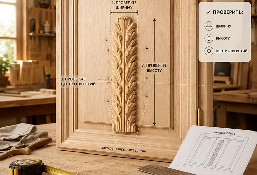 Wooden overlay N-090.1 on a furniture facade &mdash; verifying the covering of old holes during restoration
