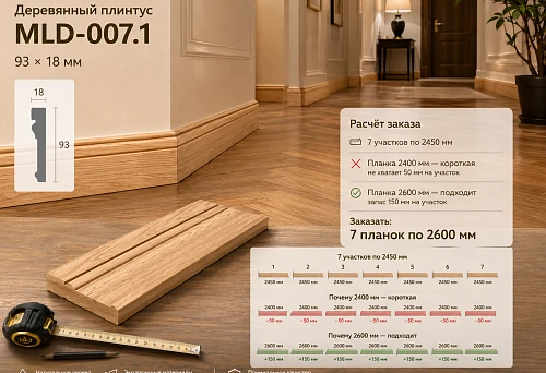 Wooden skirting board MLD-007.1 in the hallway &mdash; calculation of seven sections of 2450 mm using 2400 or 2600 mm strips