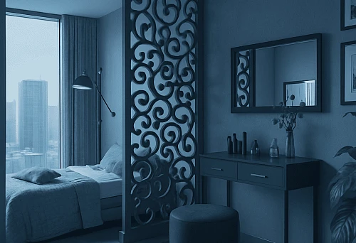 Bedroom with Designer Partition and Modern Furniture