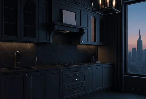 Modern kitchen in dark tones with panoramic window