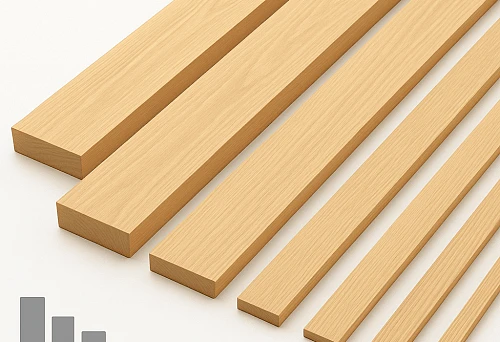 Set of Wooden Planks of Different Widths, Laid in a Row on a Light Background