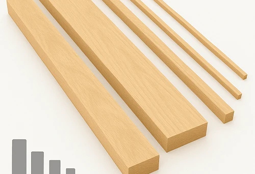 A set of wooden strips of different cross-sections, arranged parallel on a light background.