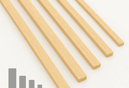 Set of decorative wooden planks of the same thickness, presented in different widths, arranged parallel on a light background