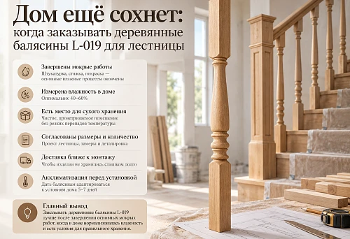Wooden balusters L-019 next to the staircase in a house during interior finishing