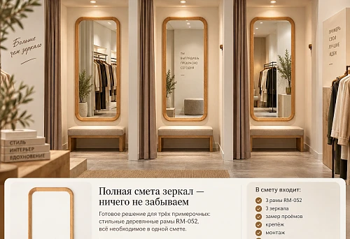 Three fitting rooms in a clothing store with RM-052 wooden-framed mirrors