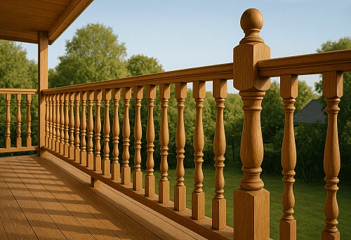 Wooden balusters on the veranda of a house with a view of the green garden
