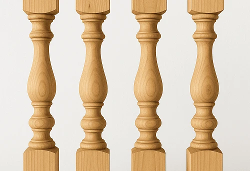 Various Types of Polished Wooden Balusters on a White Background, Demonstrating the Shapes and Structural Features of Elements for Staircase Railing.