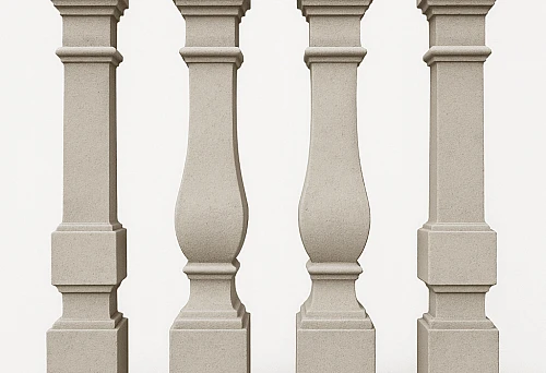 Large wooden balusters 100x100 mm square and decorative cross-section on white background