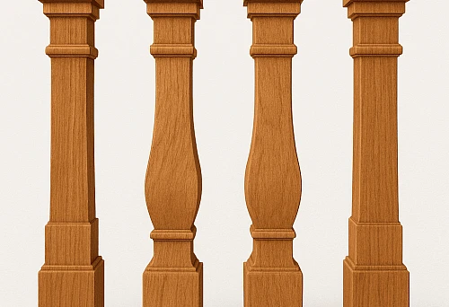 Straight square wooden balusters with clear geometry, presented against a light background