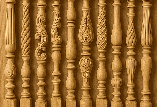 Buy balcony balusters &mdash; a collection of decorative wooden balusters of various shapes for creating elegant railings on the second floor