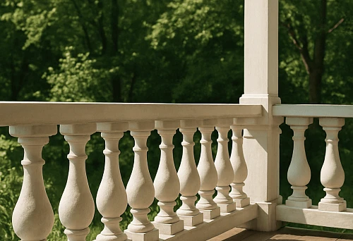 Wooden balusters and railings on the porch of a country house, harmoniously blending with the architecture and surrounding nature.