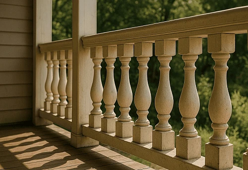 Balusters in Almaty &mdash; light architectural balusters on the veranda, elegant balcony design with a view of green landscape