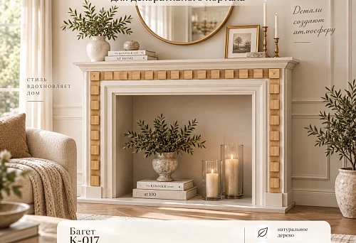 Decorative fireplace portal without fire with wooden baguette frame K-017