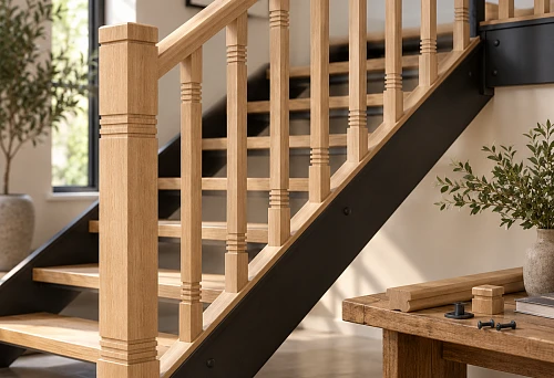 Steel staircase with wooden balusters L-097, support posts and handrail