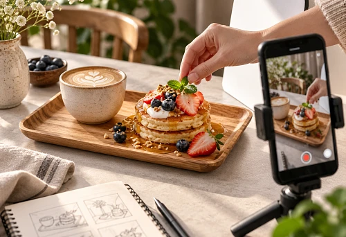 Dish on wooden plate KU-004 while shooting a cafe menu on a smartphone