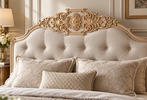 Bed headboard with new fabric upholstery and preserved carved wooden overlay N-422