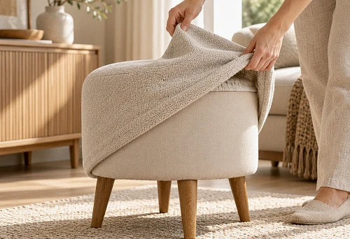 Pouf with removable fabric cover on wooden legs MN-145.2M in room interior