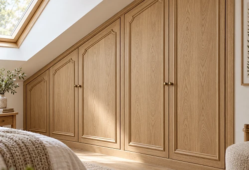 Wardrobe under a roof slope with frames made of wooden molding MLD-058, repeating the shape of the doors