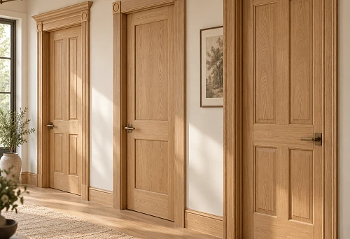 Three doorways with different casings and wooden rosettes RS-003 in a unified design