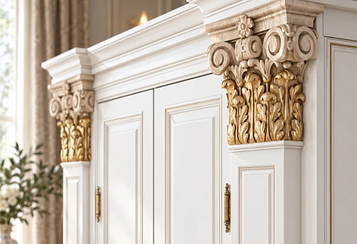 White cabinet with wooden capitals KL-003.01 and gold finish on carved leaves