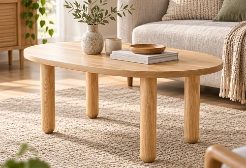 Oval side table on round wooden legs MN-234 in room interior