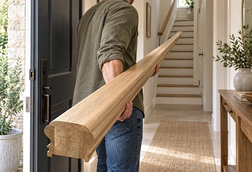Wooden handrail PR-001, 4500 mm long, before being brought into a private house