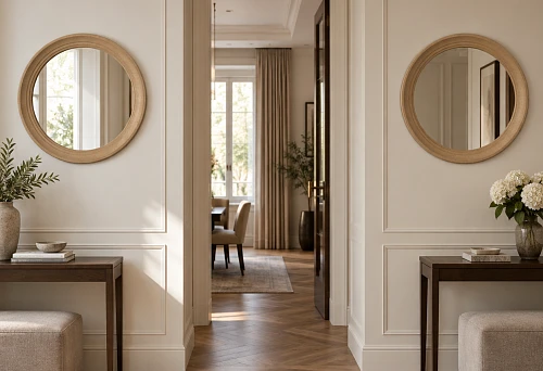Two mirrors in wooden frames RM-040 600&times;600 on different wall sections, aligned along one line