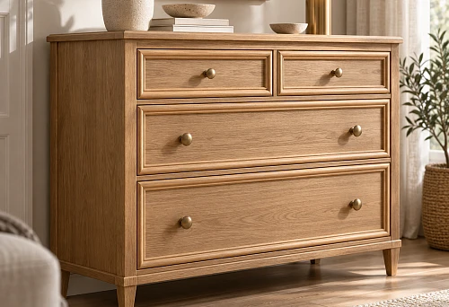 Chest of drawers with drawers of varying heights and decorative frames made of wooden molding MLD-004