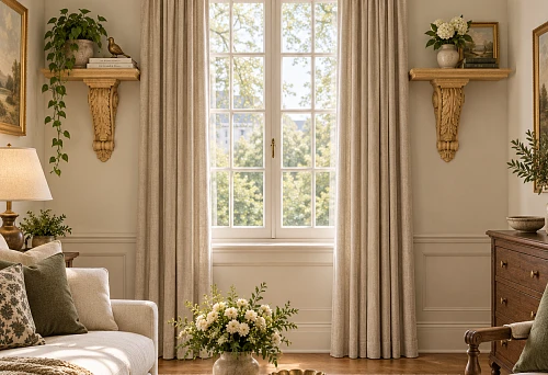 Window with curtains and two carved wooden shelves PKR-012.1 on the side walls
