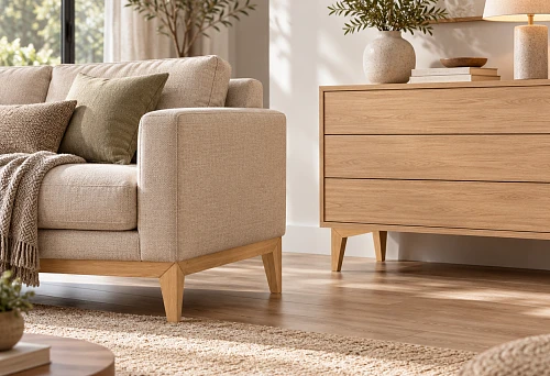 Sofa and chest of drawers on wooden furniture legs MN-209 of different heights in one interior