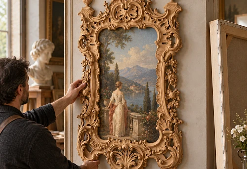 Painting on a stretcher frame 38 mm thick next to a carved wooden frame RM-046