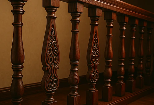 Installed wooden spindles with decorative carving