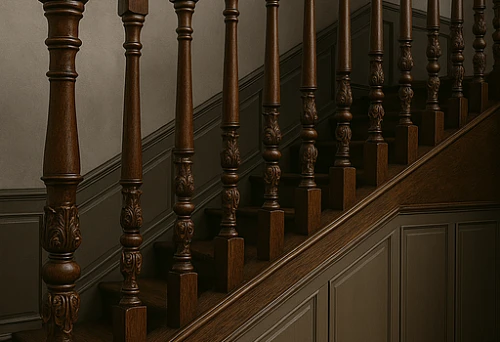 Dark wooden balusters in the interior of classic style