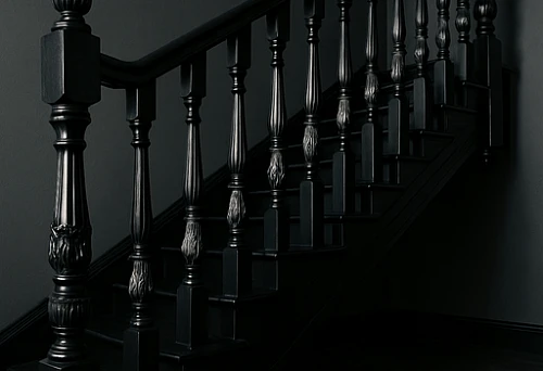 Black wooden balusters with carved and ornate patterns on the staircase