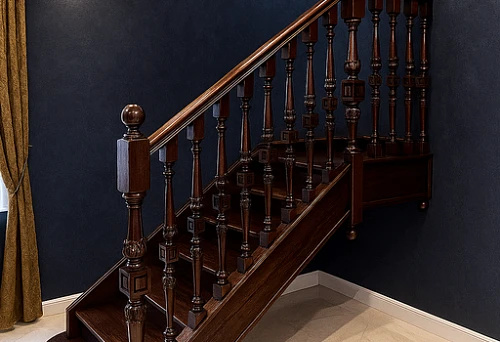Modern staircase with precisely crafted wooden balusters in a classical style