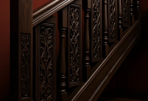 Wooden Balaustres with Vologda Carving on Staircase