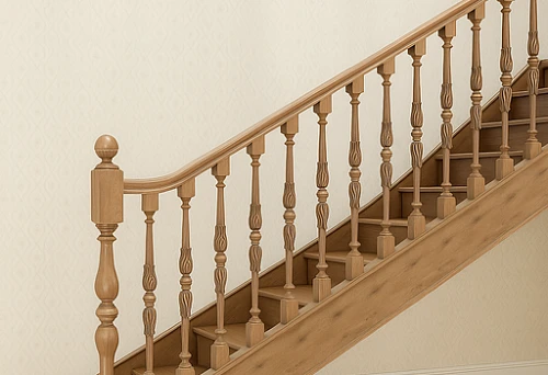 Variety of balusters on a wooden staircase in a light interior